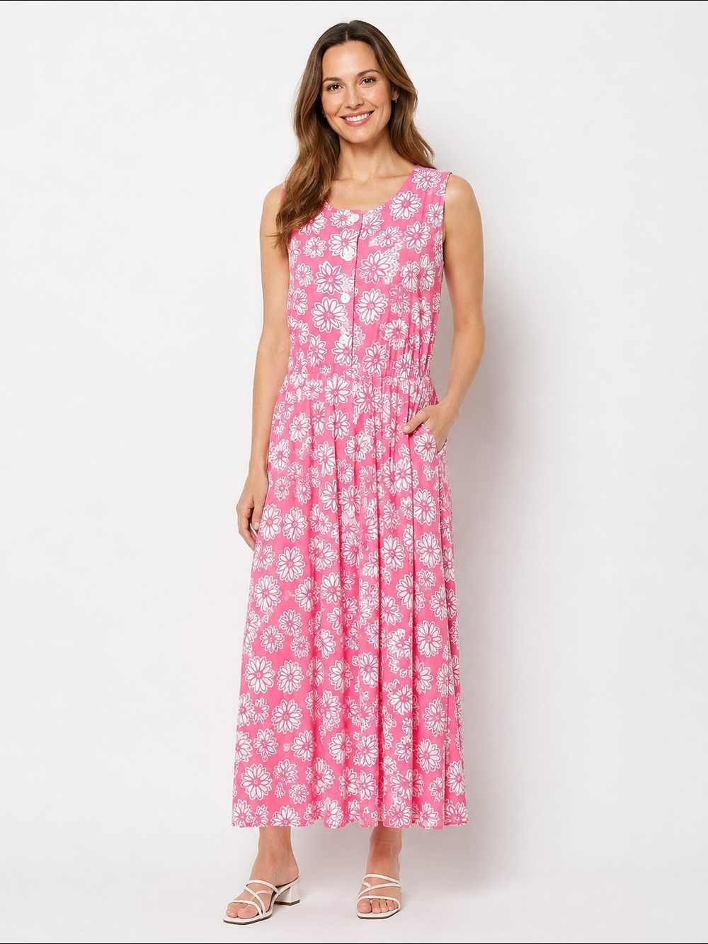 Gloria Vanderbilt Pink Floral Sleeveless Maxi Dress With Pockets Women's M